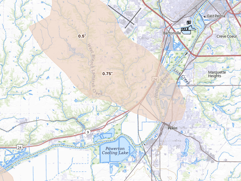 Radar-estimated hail-size map of the storm over Mapleton, IL on Aug 21, 2026