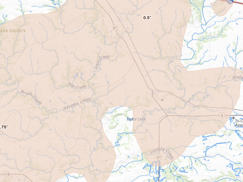 Radar-estimated hail-size map of the storm over Maquon, IL on Jun 11, 2026