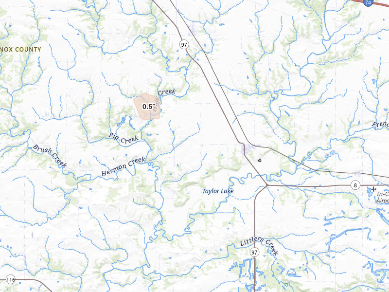 Radar-estimated hail-size map of the storm over Maquon, IL on Aug 19, 2026