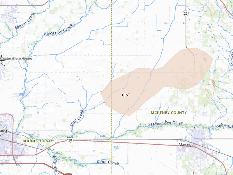 Radar-estimated hail-size map of the storm over Marengo, IL on Mar 30, 2026