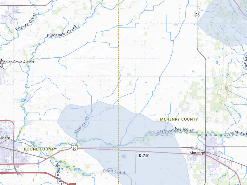 NEXRAD radar-signature map of the hail storm over Marengo, IL on Jun 5, 2026