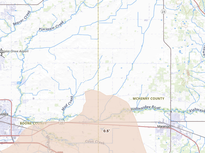 Radar-estimated hail-size map of the storm over Marengo, IL on Jun 11, 2026