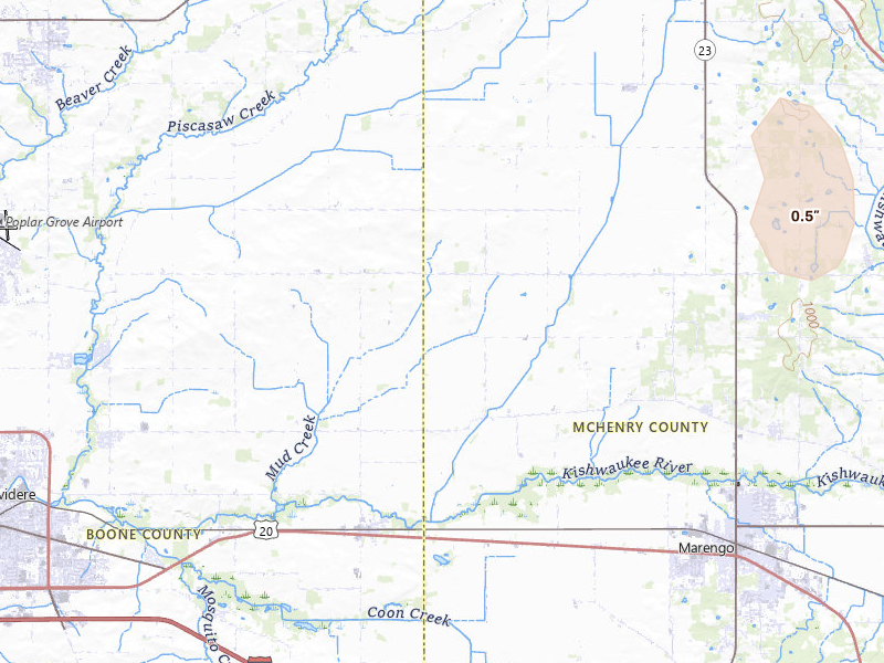 Radar-estimated hail-size map of the storm over Marengo, IL on Jul 17, 2026