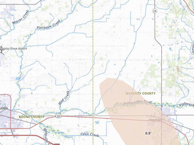 Radar-estimated hail-size map of the storm over Marengo, IL on Jul 27, 2026