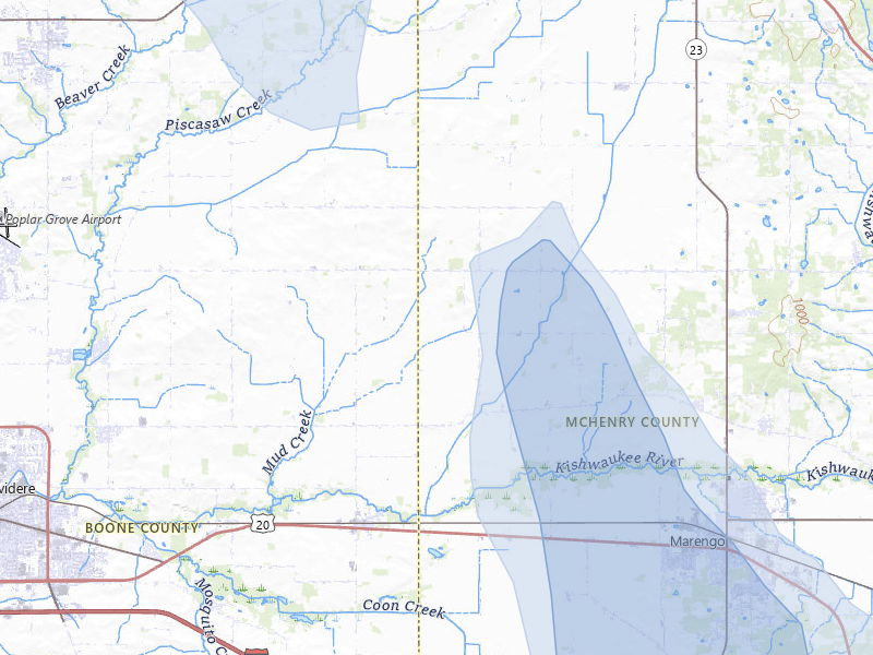 NEXRAD radar-signature map of the hail storm over Marengo, IL on Jul 27, 2026
