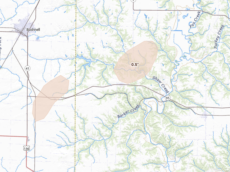 Radar-estimated hail-size map of the storm over Marietta, IL on Jun 10, 2026
