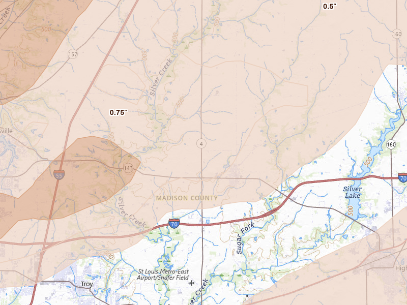 Radar-estimated hail-size map of the storm over Marine, IL on Apr 27, 2026