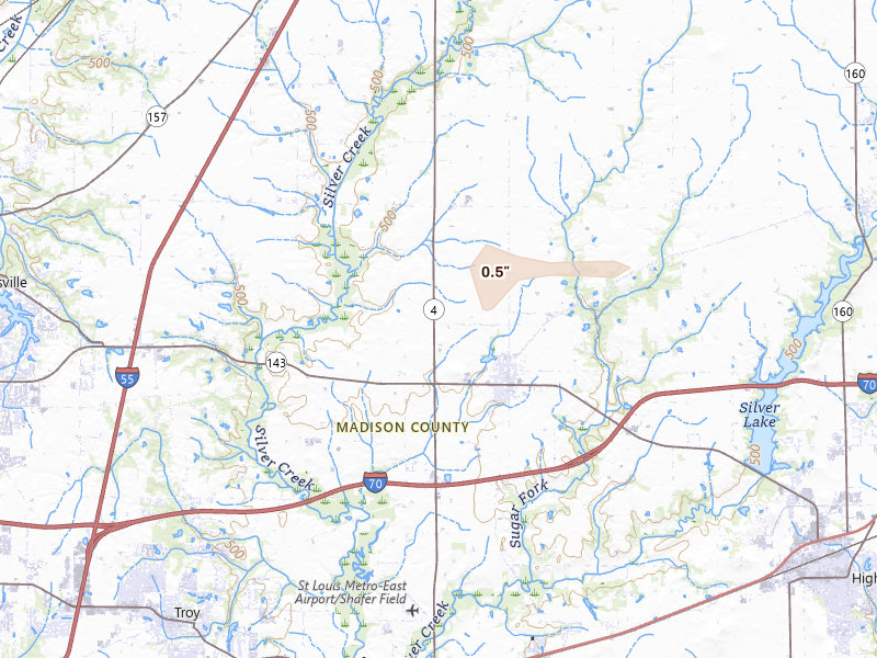 Radar-estimated hail-size map of the storm over Marine, IL on May 16, 2026