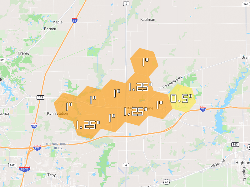 Hail map of Marine, IL on Jun 1, 2026, hail up to 1.25"