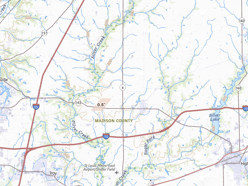 Radar-estimated hail-size map of the storm over Marine, IL on Jul 4, 2026