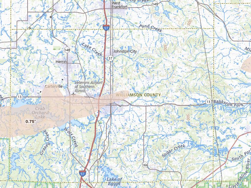Radar-estimated hail-size map of the storm over Marion, IL on Mar 4, 2026