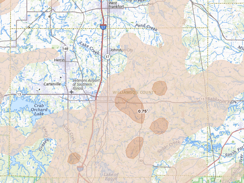 Radar-estimated hail-size map of the storm over Marion, IL on Apr 27, 2026