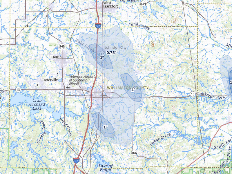 NEXRAD radar-signature map of the hail over Marion, IL