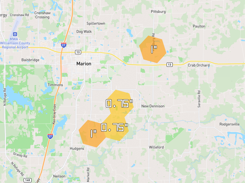 Hail map of Marion, IL on Jun 1, 2026, hail up to 1"