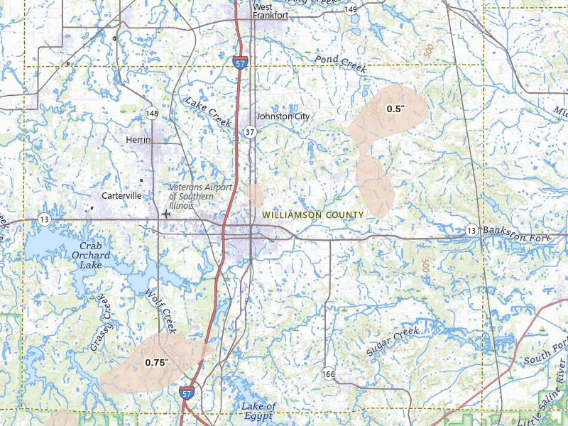 Radar-estimated hail-size map of the storm over Marion, IL on Jul 4, 2026