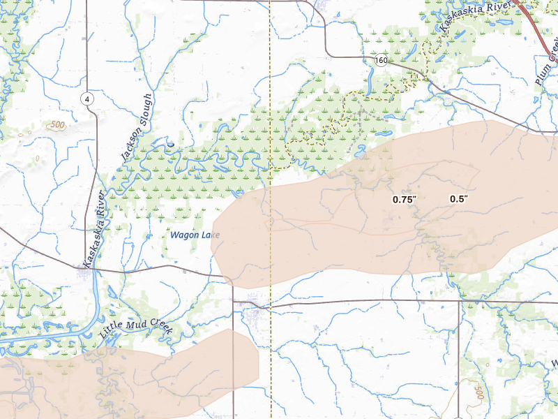 Radar-estimated hail-size map of the storm over Marissa, IL on Jul 10, 2026