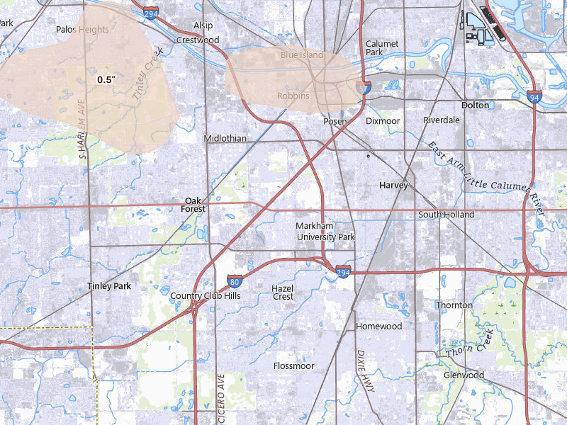 Radar-estimated hail-size map of the storm over Markham, IL on Mar 26, 2026
