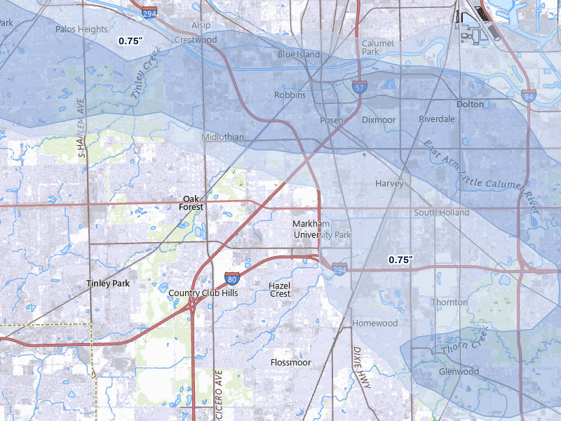 NEXRAD radar-signature map of the hail over Markham, IL