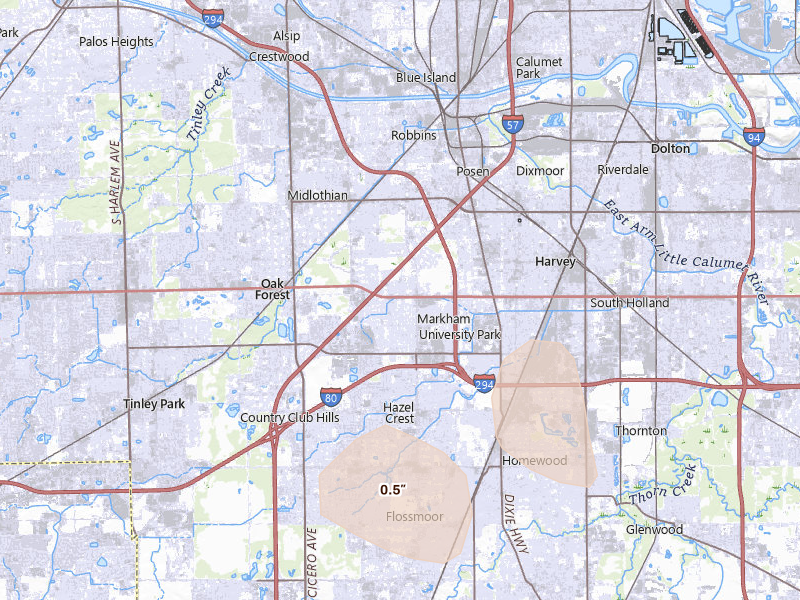 Radar-estimated hail-size map of the storm over Markham, IL on May 4, 2026