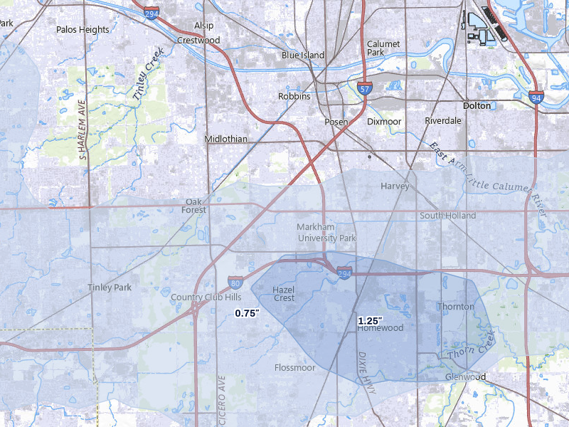 NEXRAD radar-signature map of the hail storm over Markham, IL on May 4, 2026