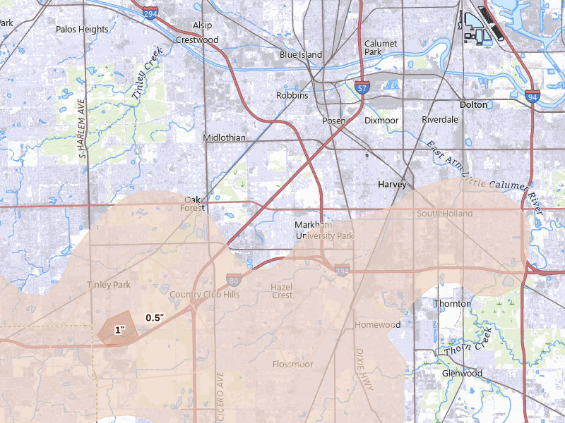 Radar-estimated hail-size map of the storm over Markham, IL on Jul 3, 2026