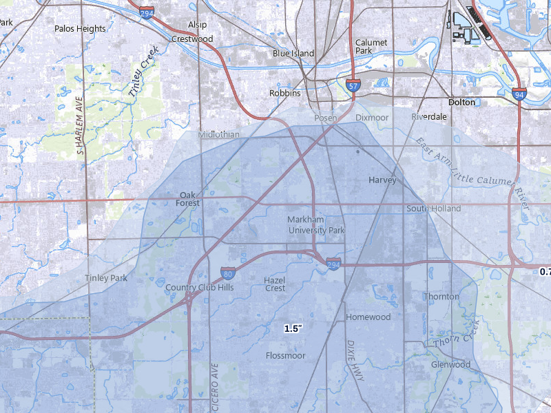 NEXRAD radar-signature map of the hail storm over Markham, IL on Jul 3, 2026