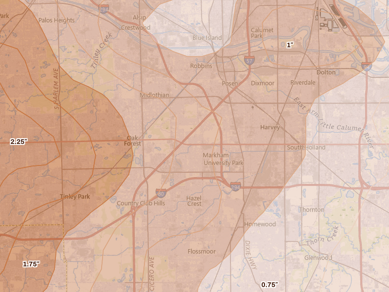 Radar-estimated hail-size map of the storm over Markham, IL on Jul 27, 2026