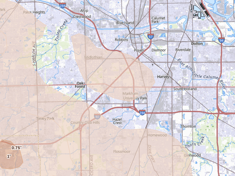 Radar-estimated hail-size map of the storm over Markham, IL on Aug 9, 2026