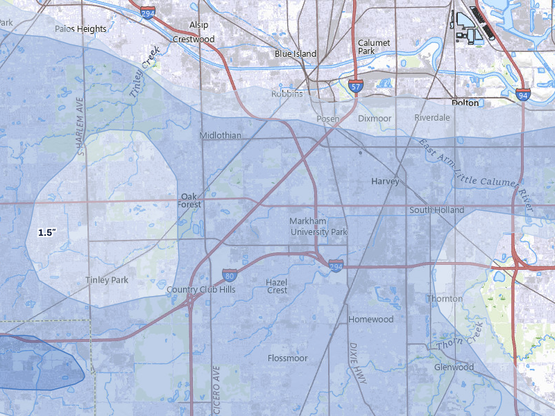 NEXRAD radar-signature map of the hail storm over Markham, IL on Aug 9, 2026