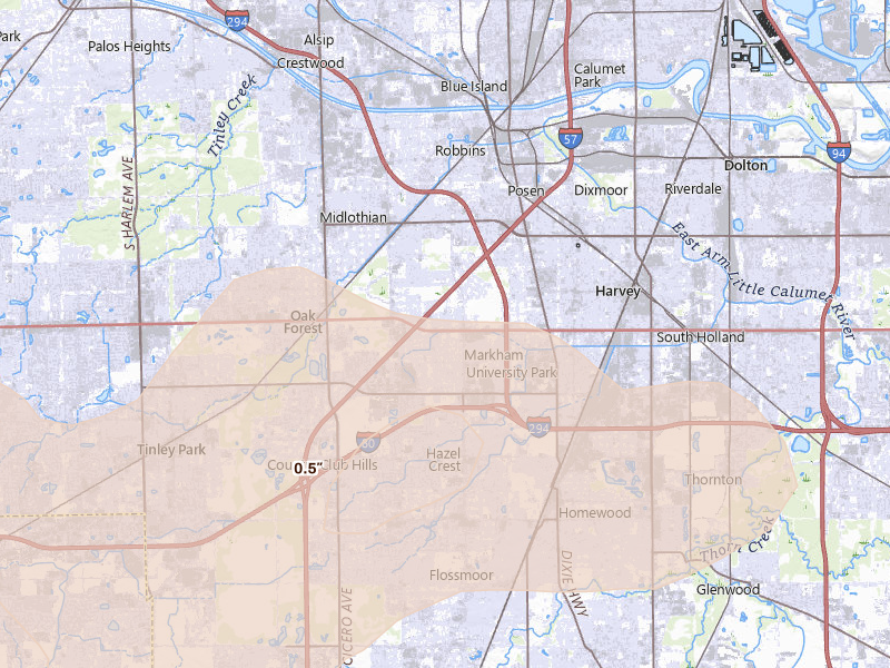 Radar-estimated hail-size map of the storm over Markham, IL on Aug 11, 2026