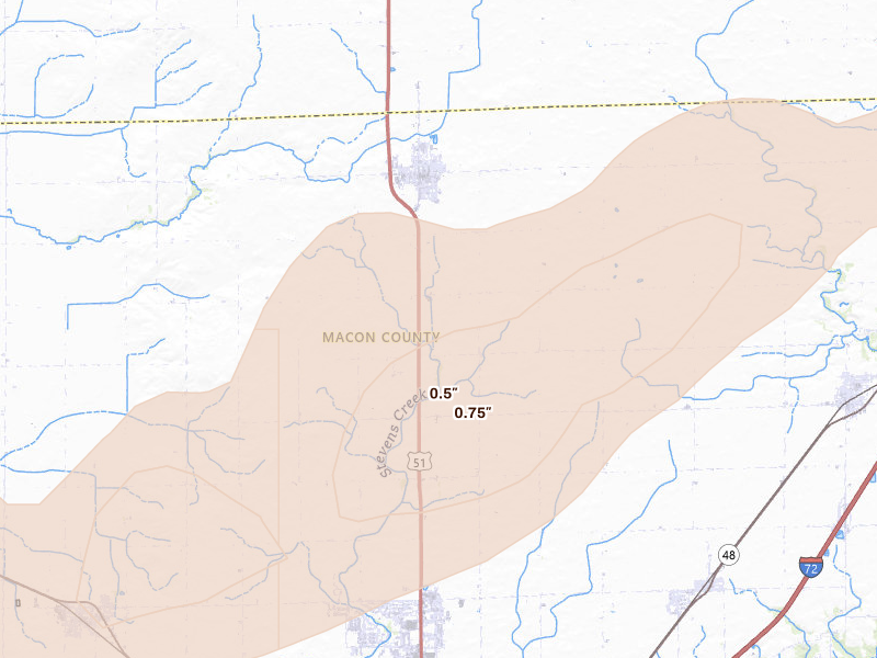 Radar-estimated hail-size map of the storm over Maroa, IL on Apr 27, 2026