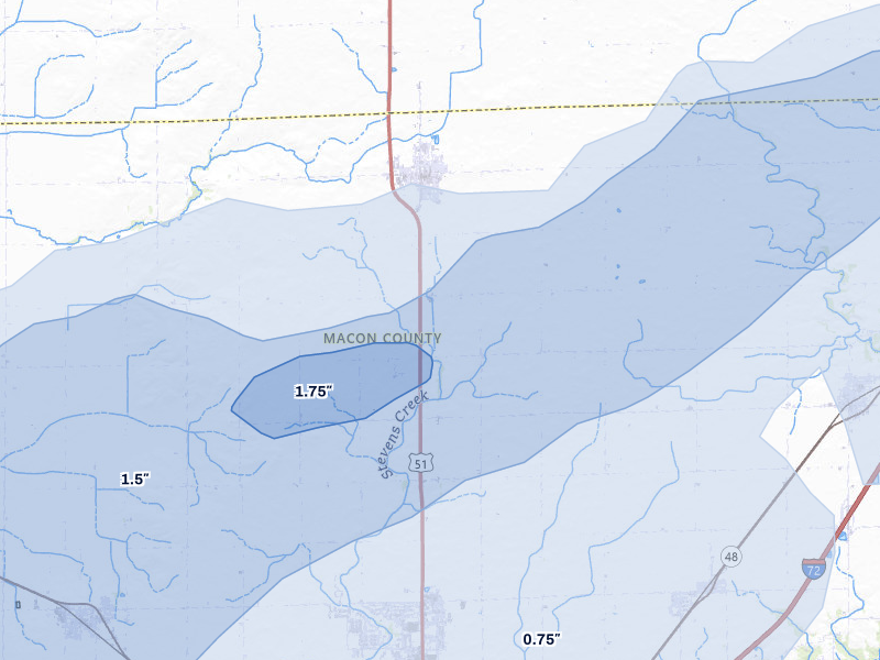 NEXRAD radar-signature map of the hail over Maroa, IL