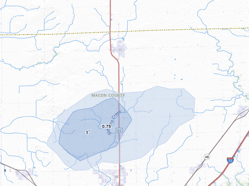NEXRAD radar-signature map of the hail storm over Maroa, IL on May 16, 2026