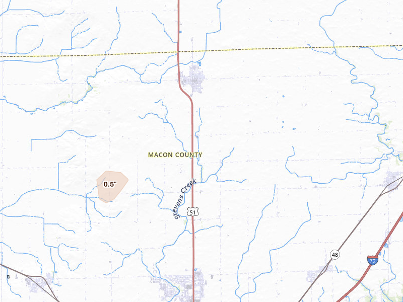 Radar-estimated hail-size map of the storm over Maroa, IL on Jun 11, 2026