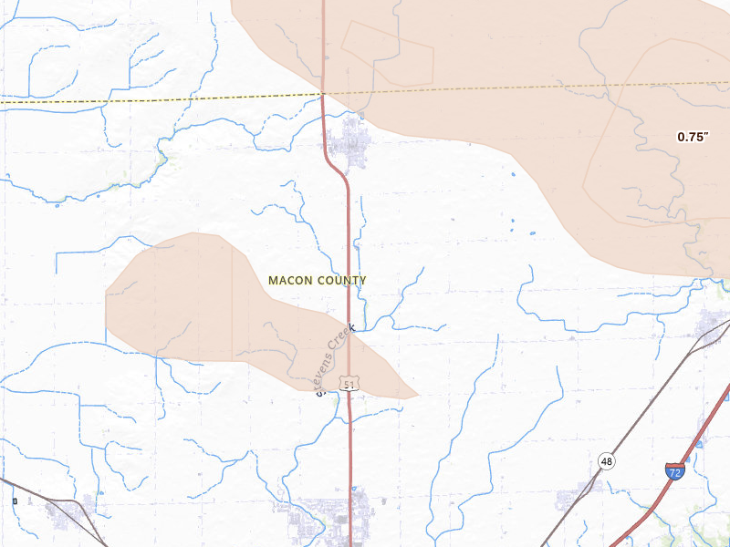 Radar-estimated hail-size map of the storm over Maroa, IL on Jun 17, 2026