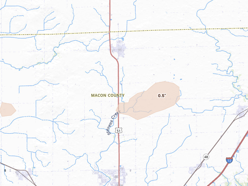 Radar-estimated hail-size map of the storm over Maroa, IL on Jul 4, 2026
