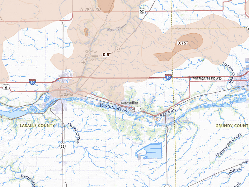 Radar-estimated hail-size map of the storm over Marseilles, IL on Mar 10, 2026