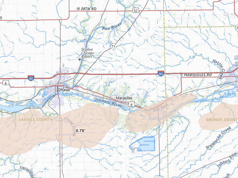 Radar-estimated hail-size map of the storm over Marseilles, IL on Mar 31, 2026