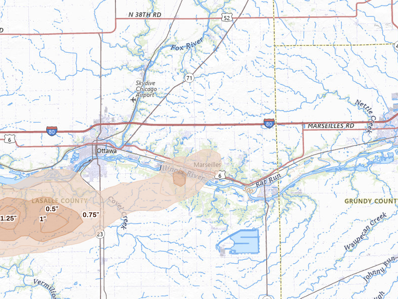 Radar-estimated hail-size map of the storm over Marseilles, IL on Apr 13, 2026