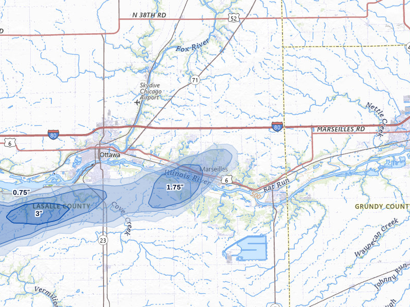 NEXRAD radar-signature map of the hail over Marseilles, IL