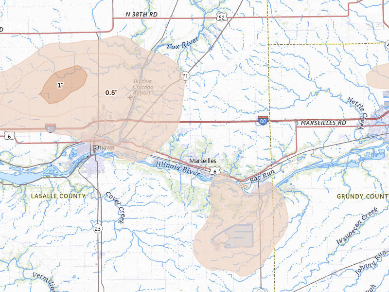 Radar-estimated hail-size map of the storm over Marseilles, IL on May 4, 2026