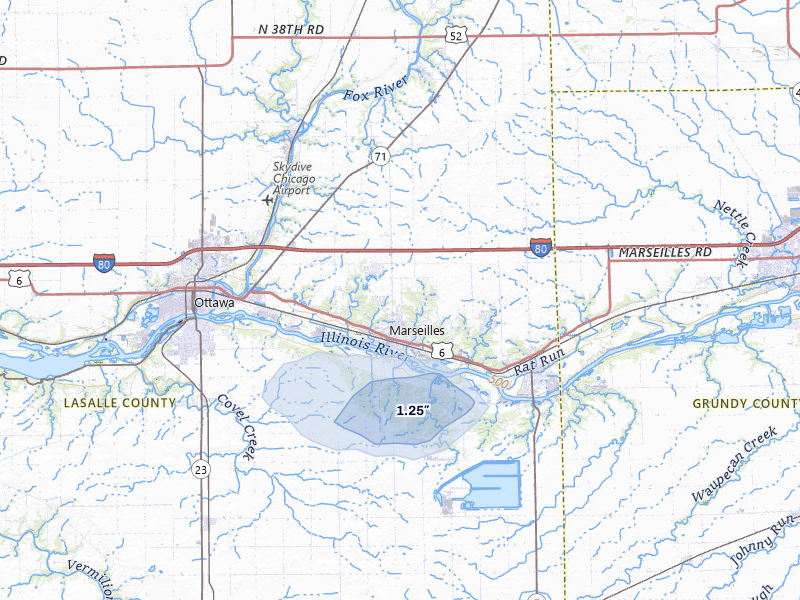 NEXRAD radar-signature map of the hail storm over Marseilles, IL on Jun 7, 2026