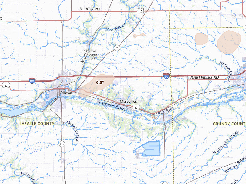Radar-estimated hail-size map of the storm over Marseilles, IL on Jul 3, 2026