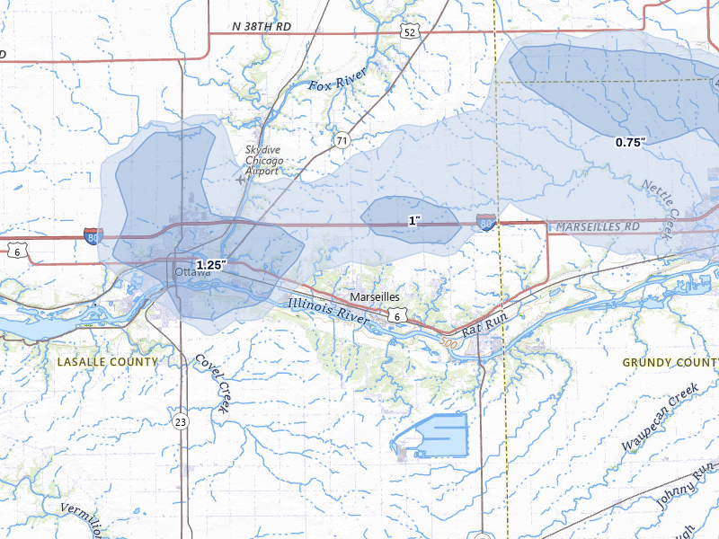 NEXRAD radar-signature map of the hail storm over Marseilles, IL on Jul 3, 2026