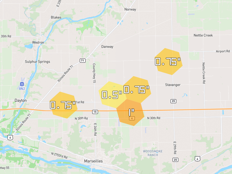 Hail map of Marseilles, IL on Jul 3, 2026, hail up to 1"