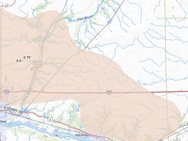 Radar-estimated hail-size map of the storm over Marseilles, IL on Aug 12, 2026