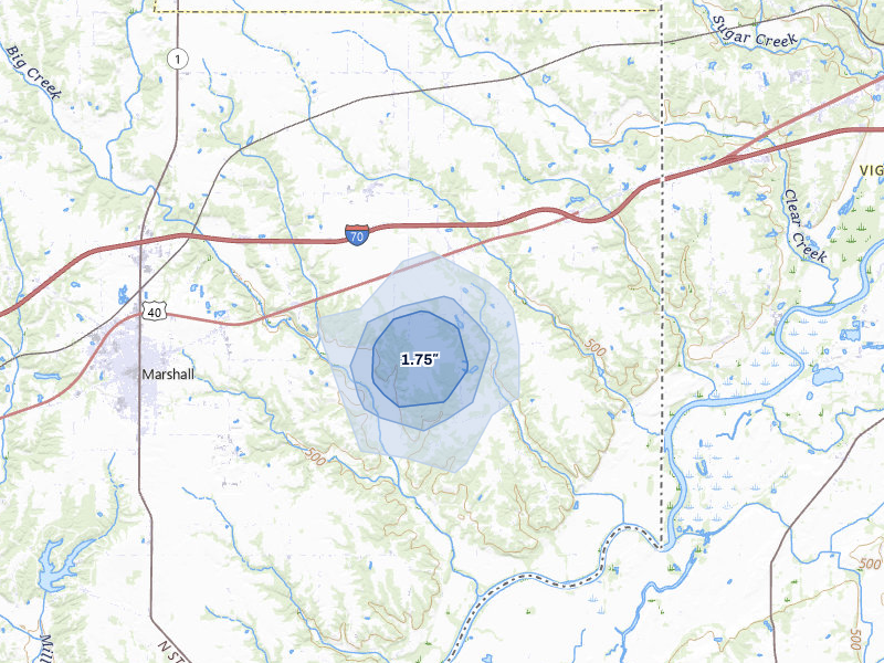 NEXRAD radar-signature map of the hail storm over Marshall, IL on Jan 8, 2026