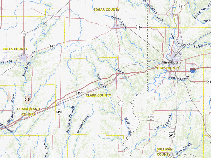 Radar-estimated hail-size map of the storm over Marshall, IL on Mar 26, 2026