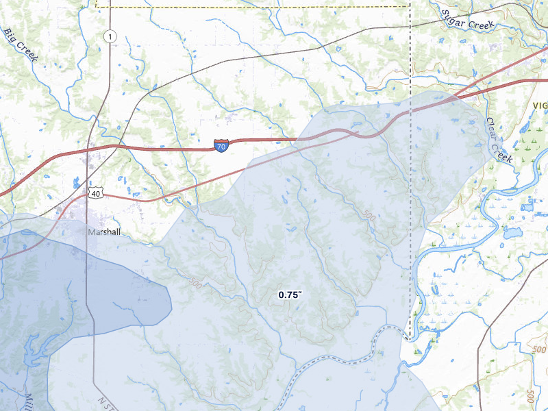 NEXRAD radar-signature map of the hail over Marshall, IL