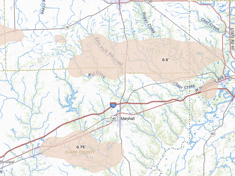 Radar-estimated hail-size map of the storm over Marshall, IL on Jun 9, 2026